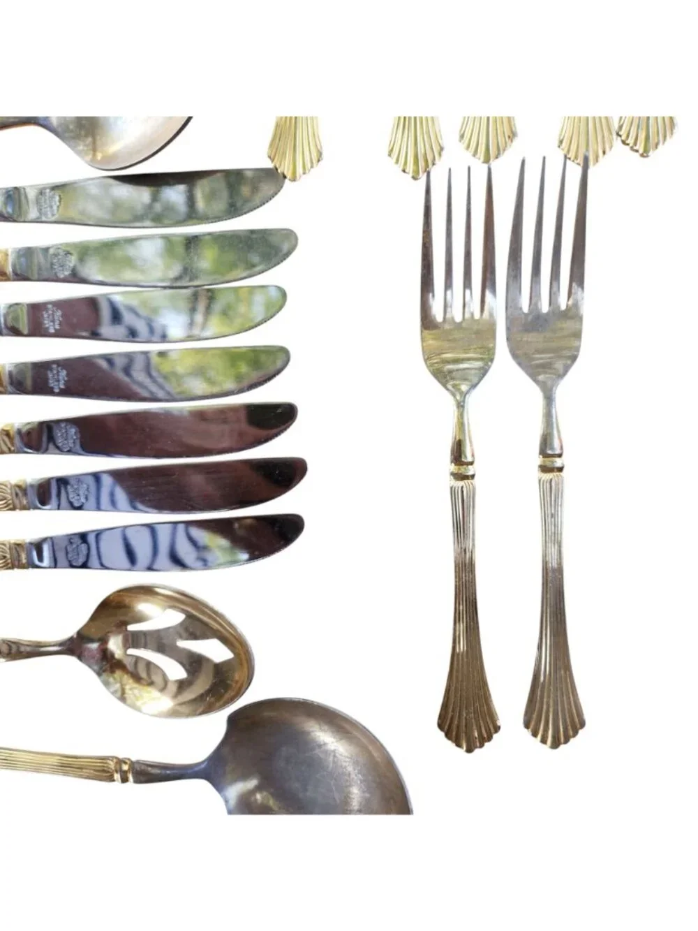 Vintage Kanu EP SS Japan Gold Flatware 22 Pc Lot Fan Pattern Jewelry Craft